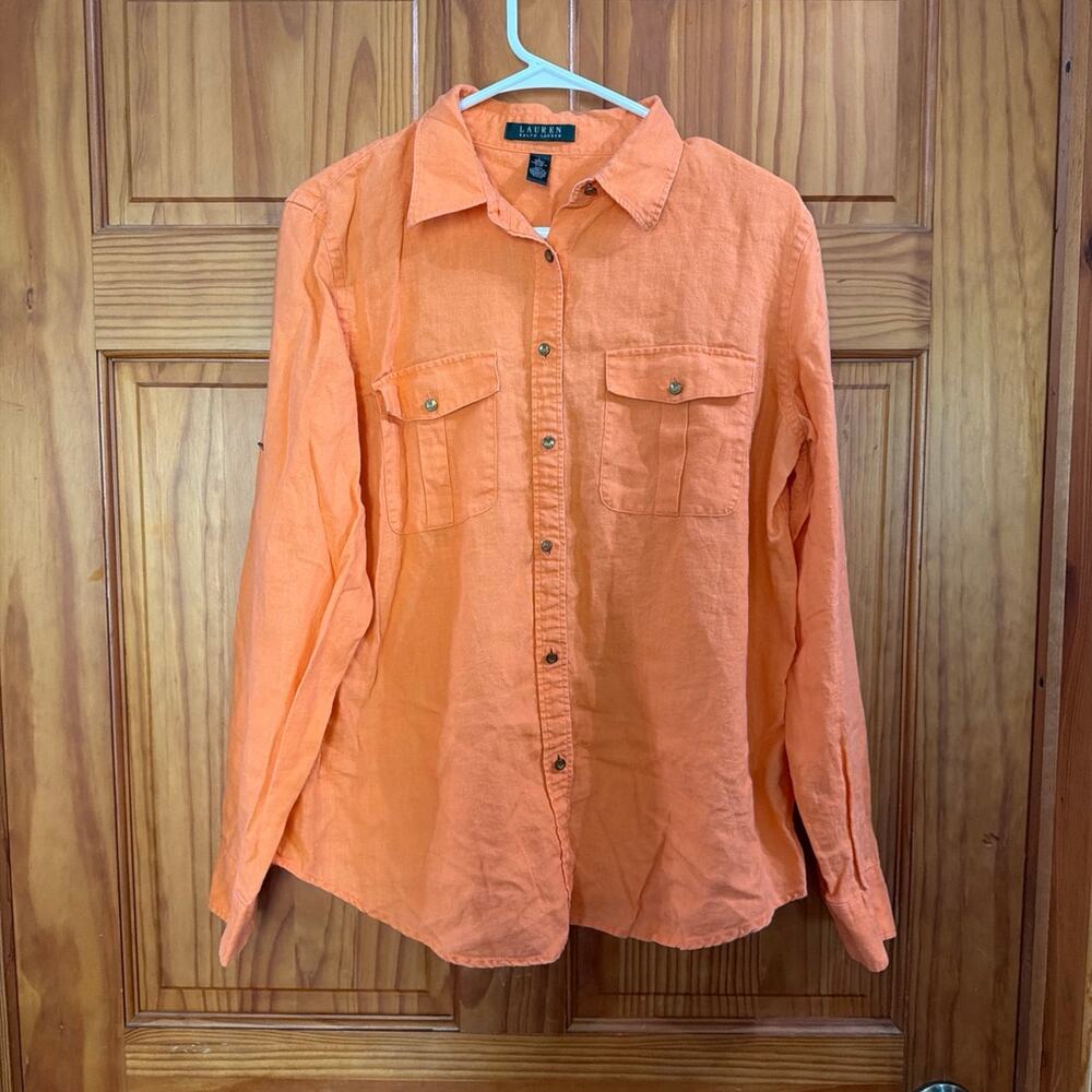 Lauren Ralph Lauren Orange Linen Button Down Shirt Size L